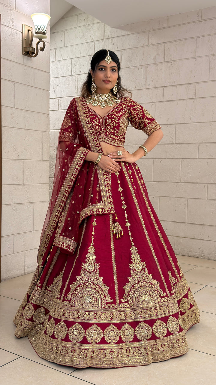 Wine Red Bridal Lehenga Set with Heavy Gold Embroidery & Designer Net Dupatta