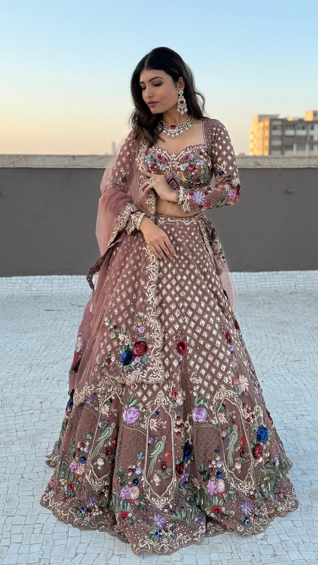 Dusty Rose Hand-Embroidered Designer Lehenga Set with Floral & Mirror Work