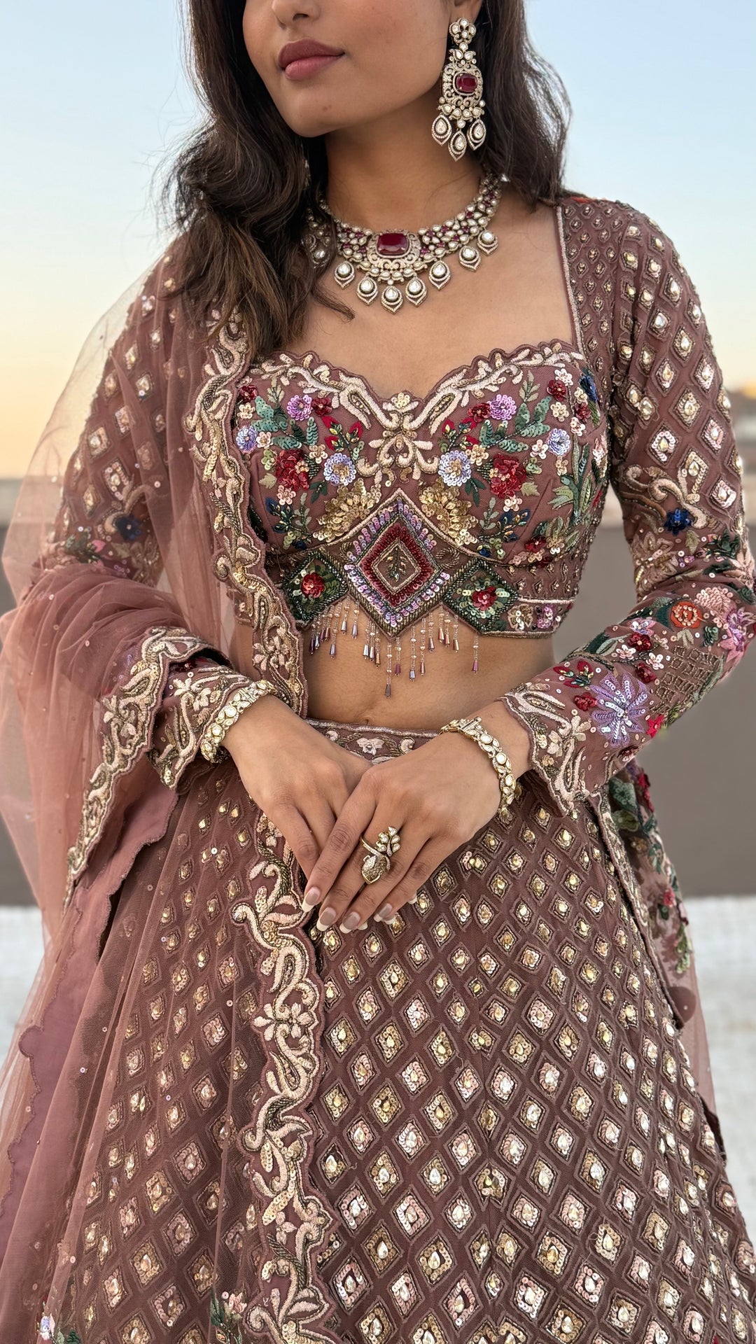 Dusty Rose Hand-Embroidered Designer Lehenga Set with Floral & Mirror Work