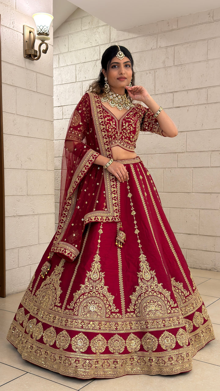 Wine Red Bridal Lehenga Set with Heavy Gold Embroidery & Designer Net Dupatta