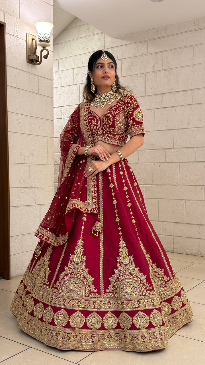 Wine Red Bridal Lehenga Set with Heavy Gold Embroidery & Designer Net Dupatta