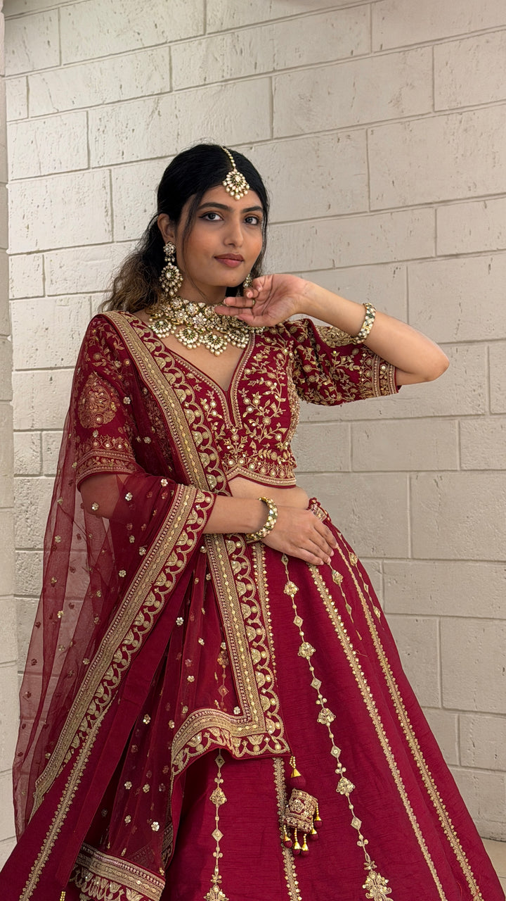 Wine Red Bridal Lehenga Set with Heavy Gold Embroidery & Designer Net Dupatta