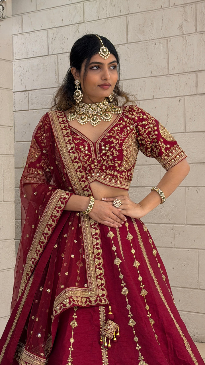 Wine Red Bridal Lehenga Set with Heavy Gold Embroidery & Designer Net Dupatta