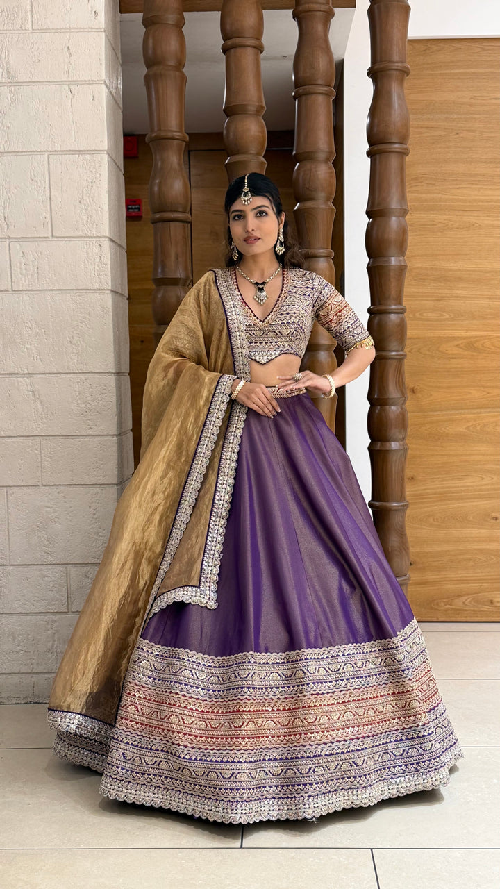 Royal Purple Silk Lehenga Set with Heavily Embroidered Blouse & Gold Dupatta