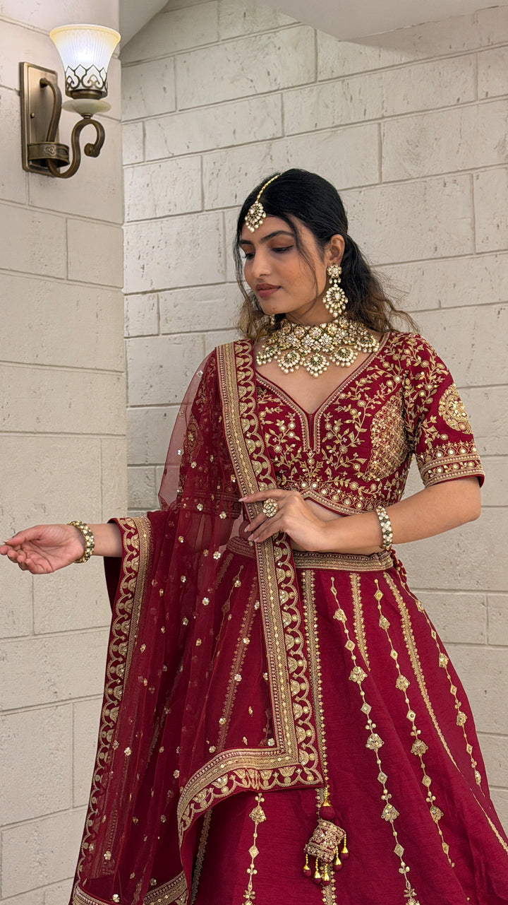 Wine Red Bridal Lehenga Set with Heavy Gold Embroidery & Designer Net Dupatta