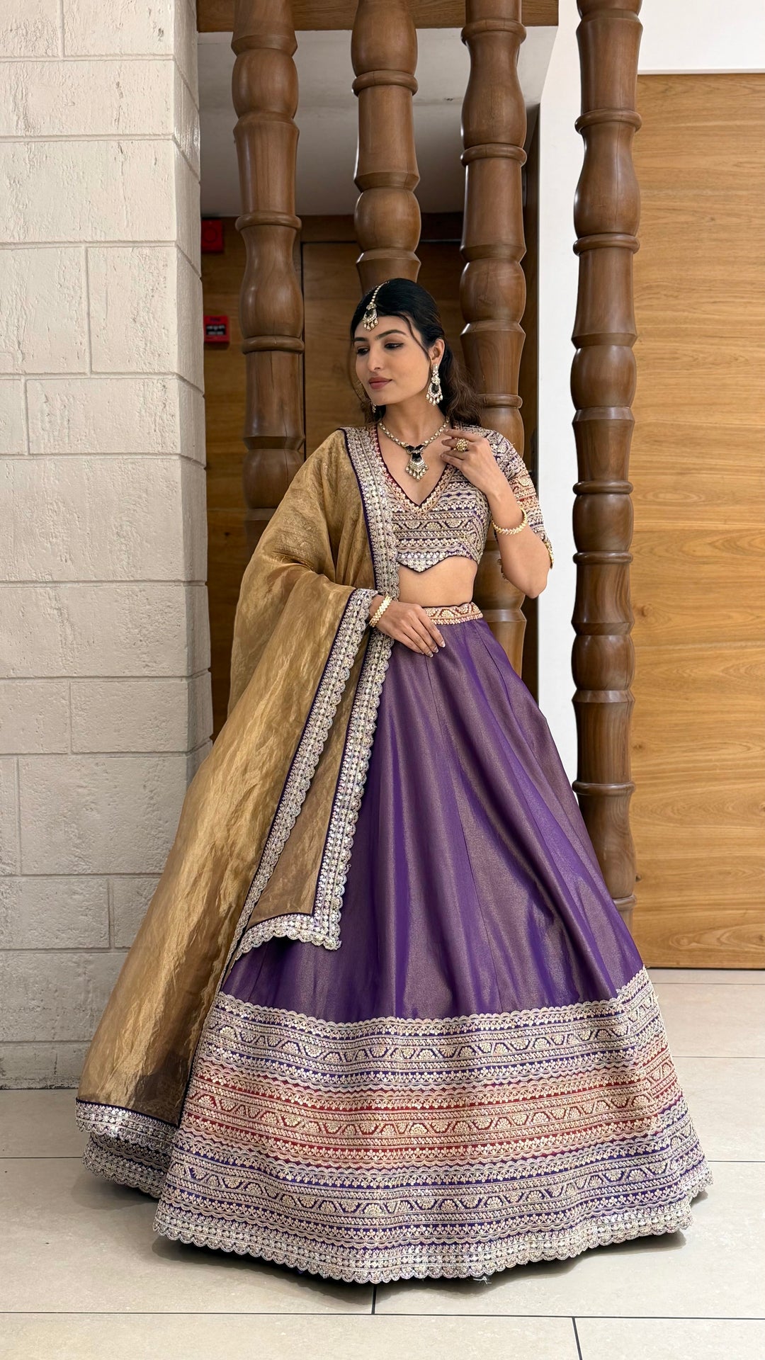 Royal Purple Silk Lehenga Set with Heavily Embroidered Blouse & Gold Dupatta