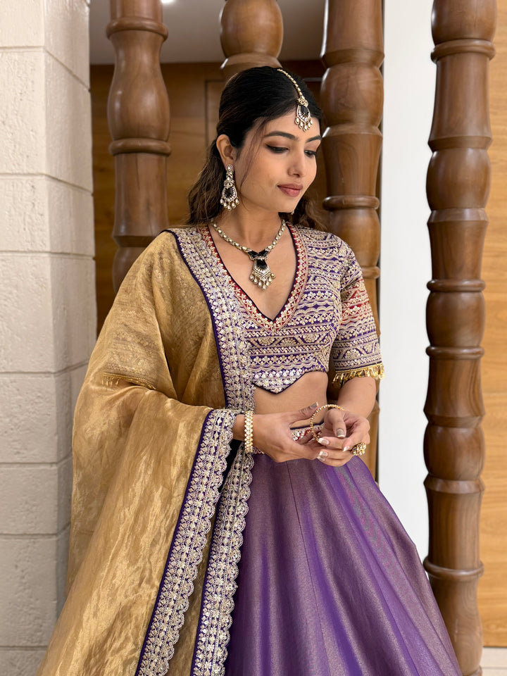Royal Purple Silk Lehenga Set with Heavily Embroidered Blouse & Gold Dupatta