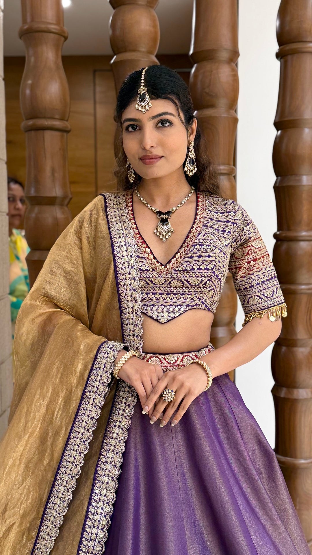 Royal Purple Silk Lehenga Set with Heavily Embroidered Blouse & Gold Dupatta