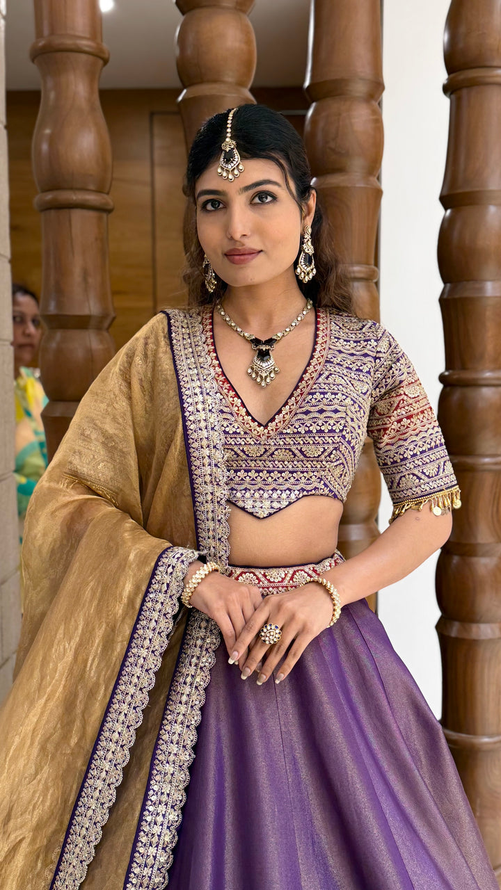 Royal Purple Silk Lehenga Set with Heavily Embroidered Blouse & Gold Dupatta