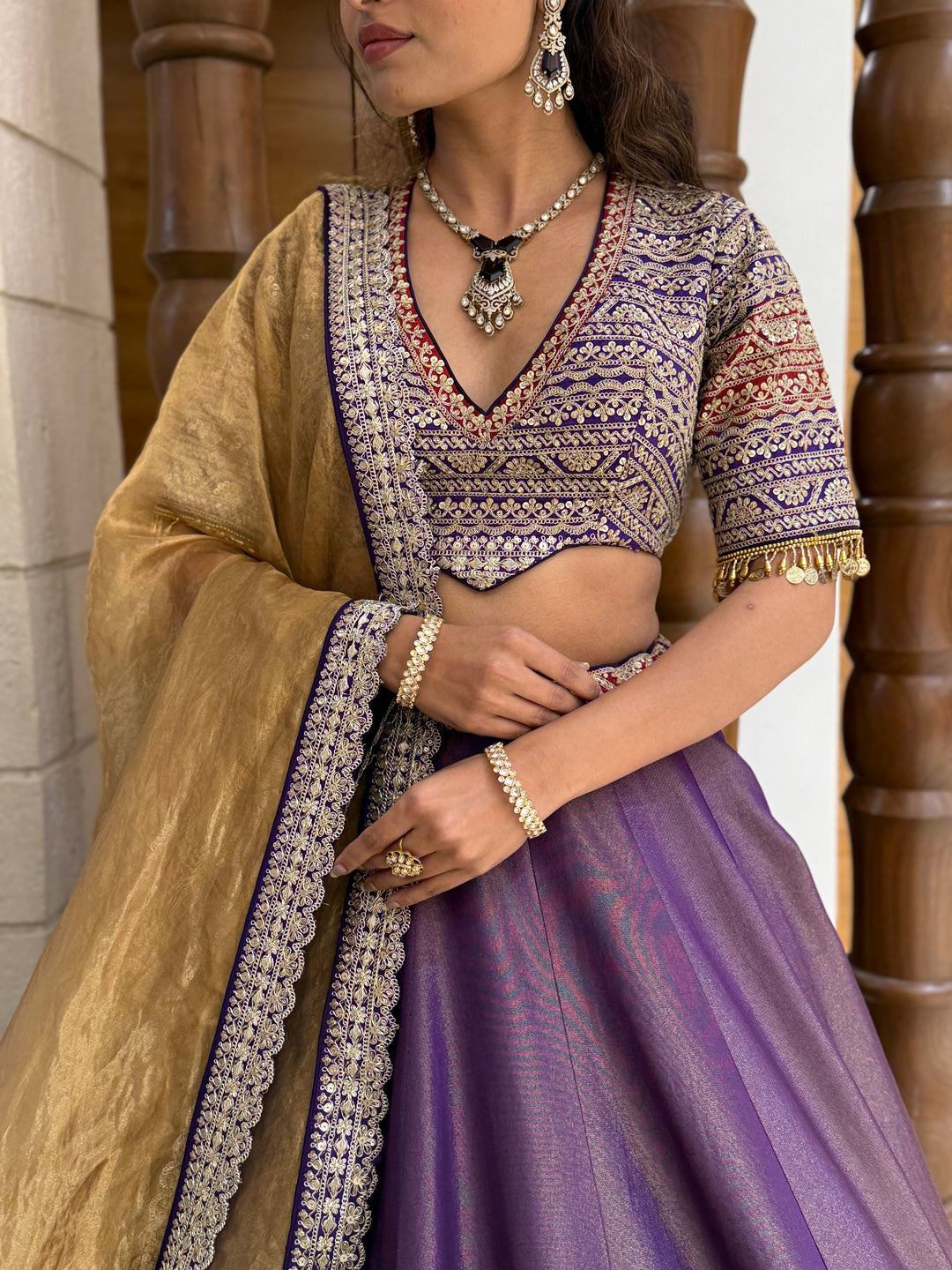 Royal Purple Silk Lehenga Set with Heavily Embroidered Blouse & Gold Dupatta