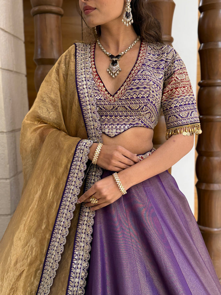 Royal Purple Silk Lehenga Set with Heavily Embroidered Blouse & Gold Dupatta