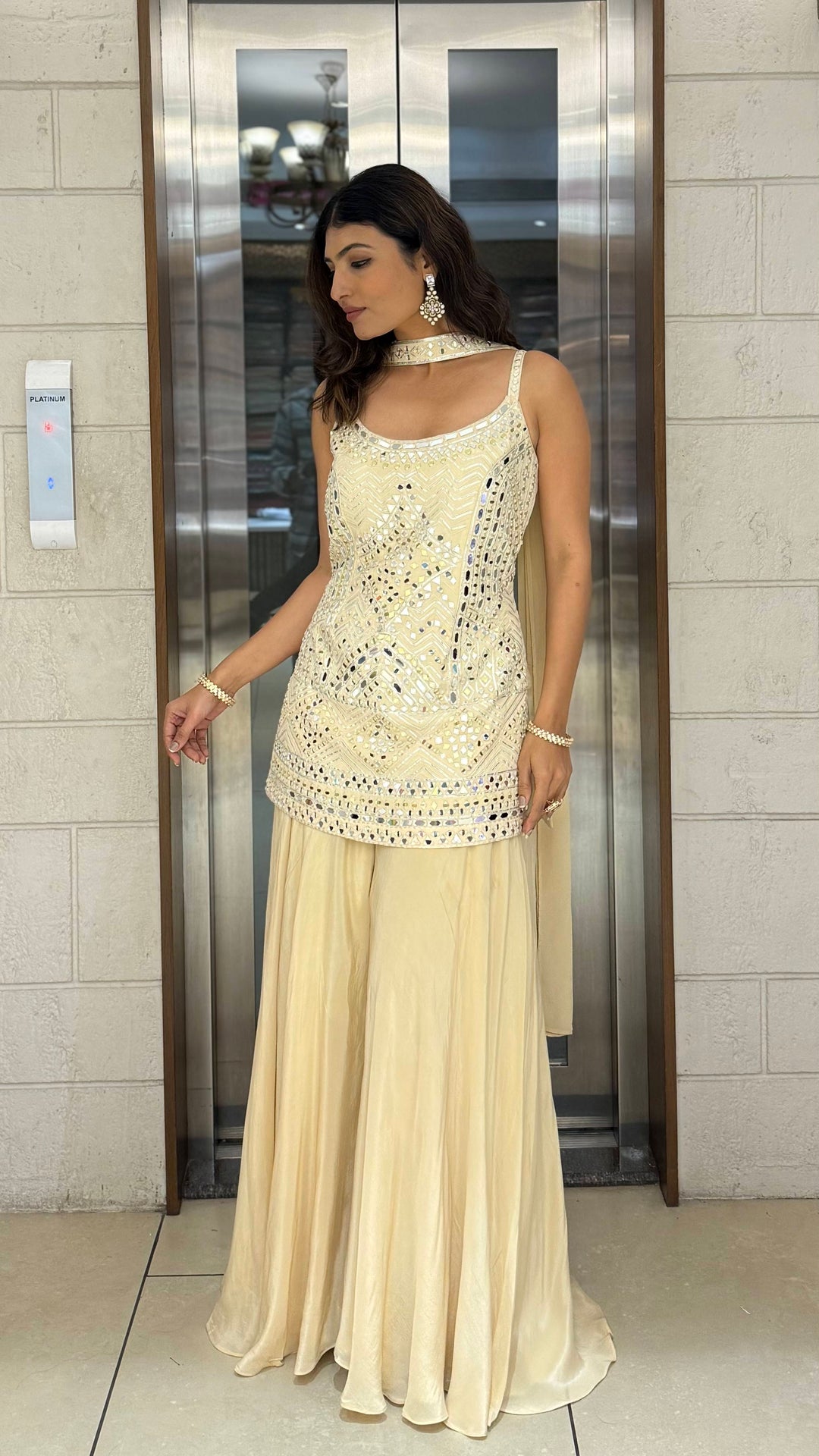 Ivory Mirror Work Kurti with Flowy Palazzo Pants Elegant Indo-Western Festive Set