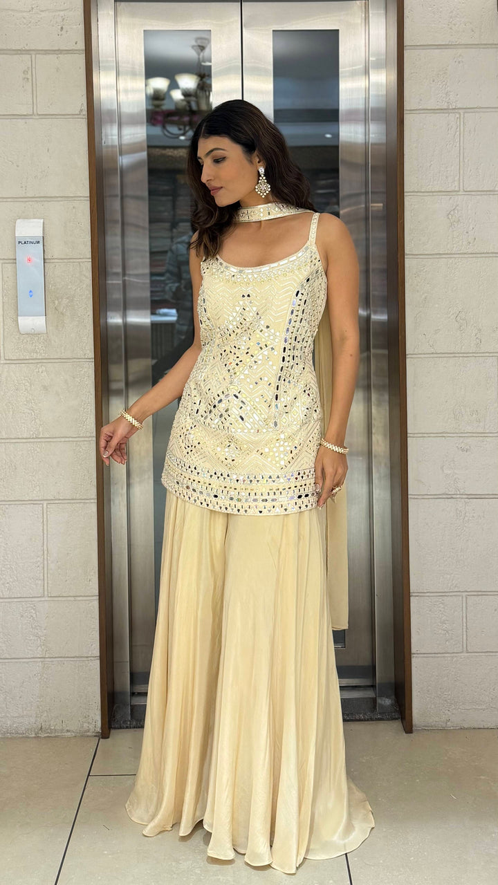 Ivory Mirror Work Kurti with Flowy Palazzo Pants Elegant Indo-Western Festive Set