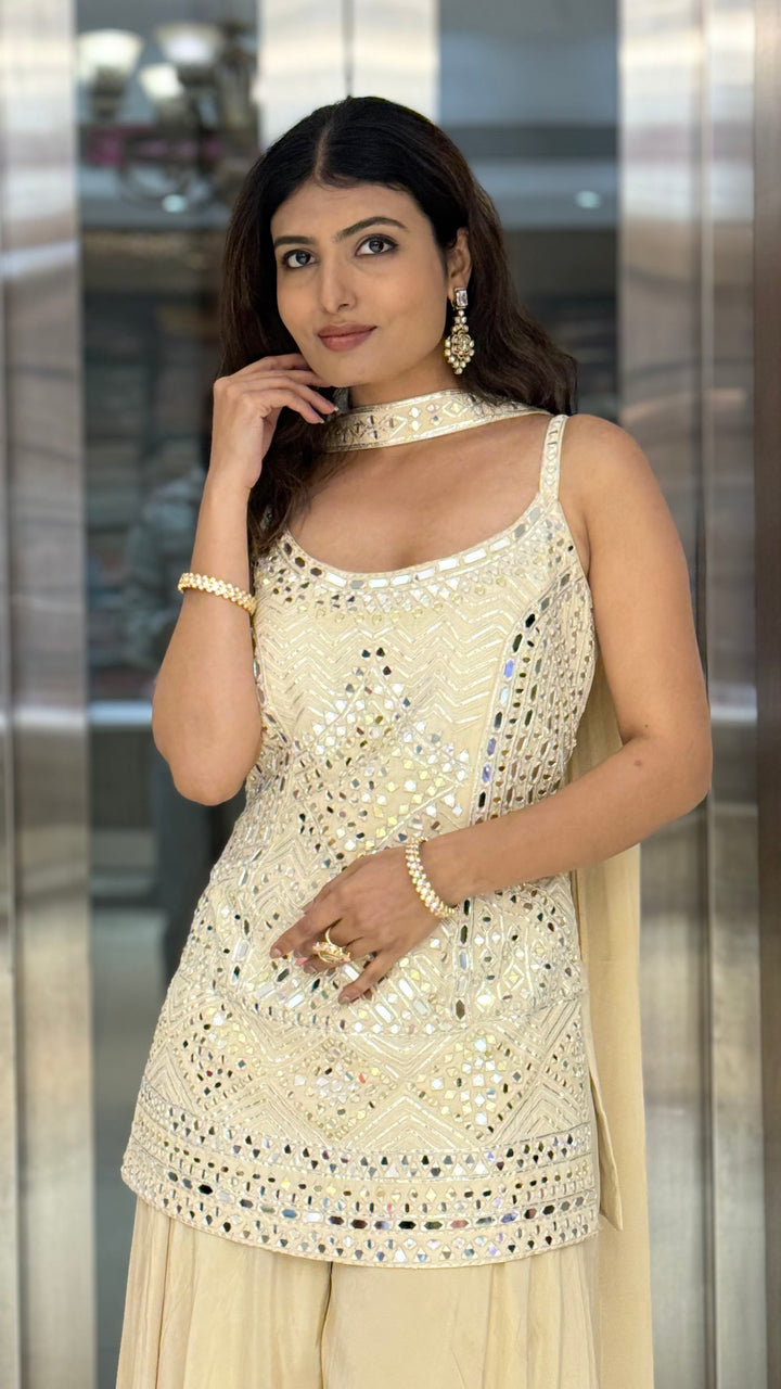Ivory Mirror Work Kurti with Flowy Palazzo Pants Elegant Indo-Western Festive Set