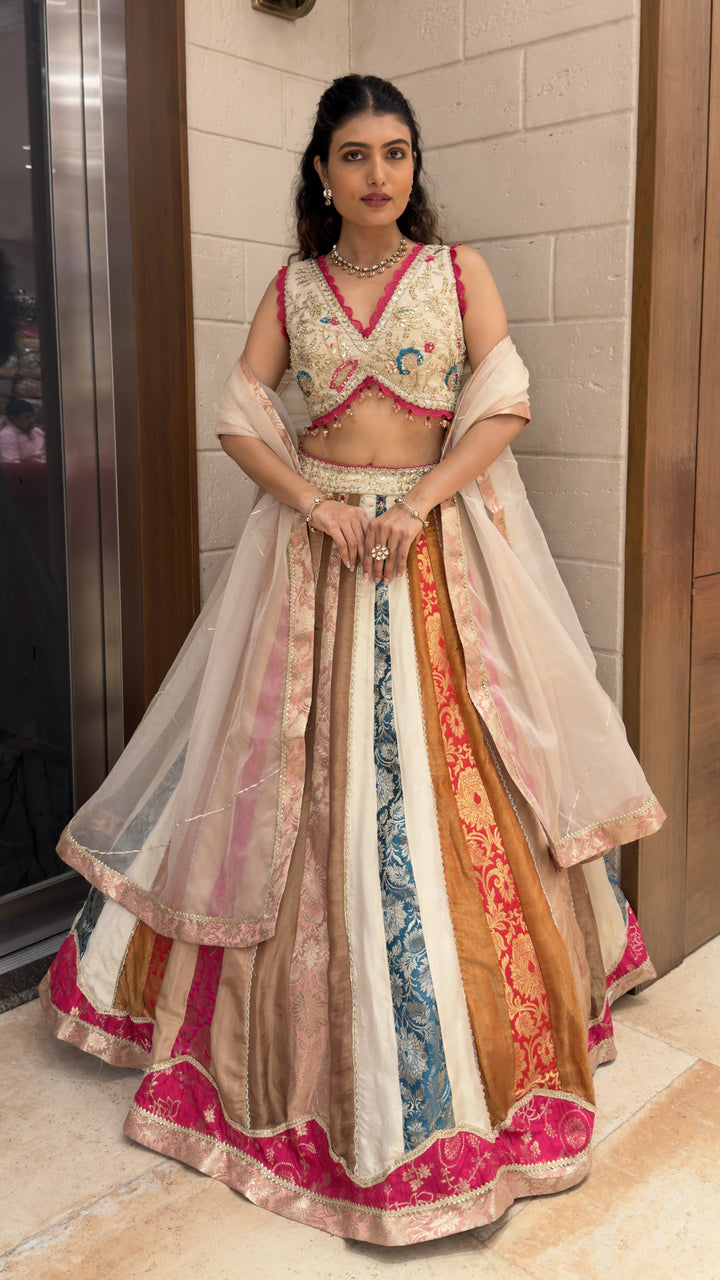Multicolor Banarasi Patchwork Designer Lehenga Choli with Organza Dupatta