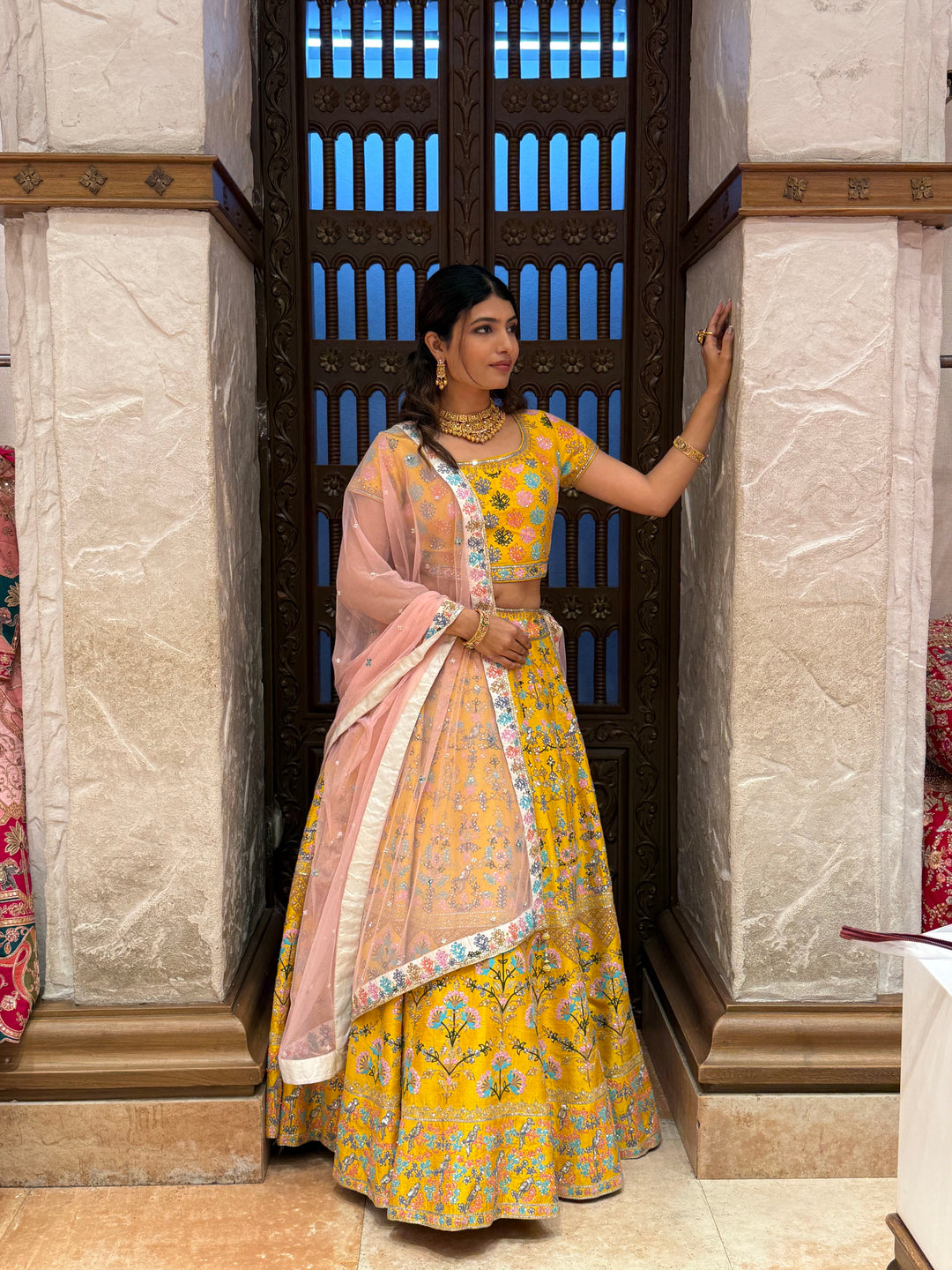 Mustard Yellow Floral Embroidered Lehenga Set with Soft Pink Net Dupatta
