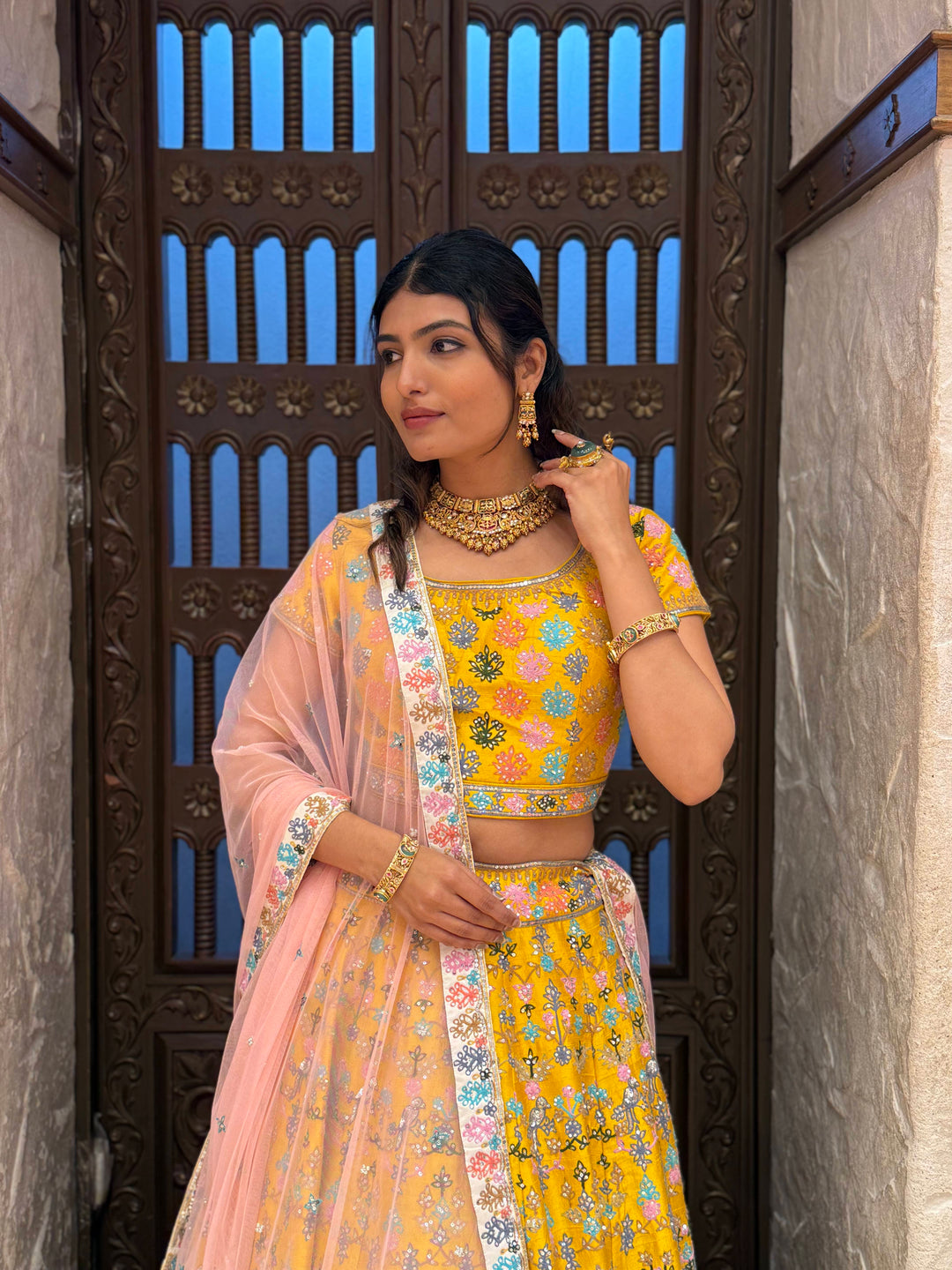 Mustard Yellow Floral Embroidered Lehenga Set with Soft Pink Net Dupatta
