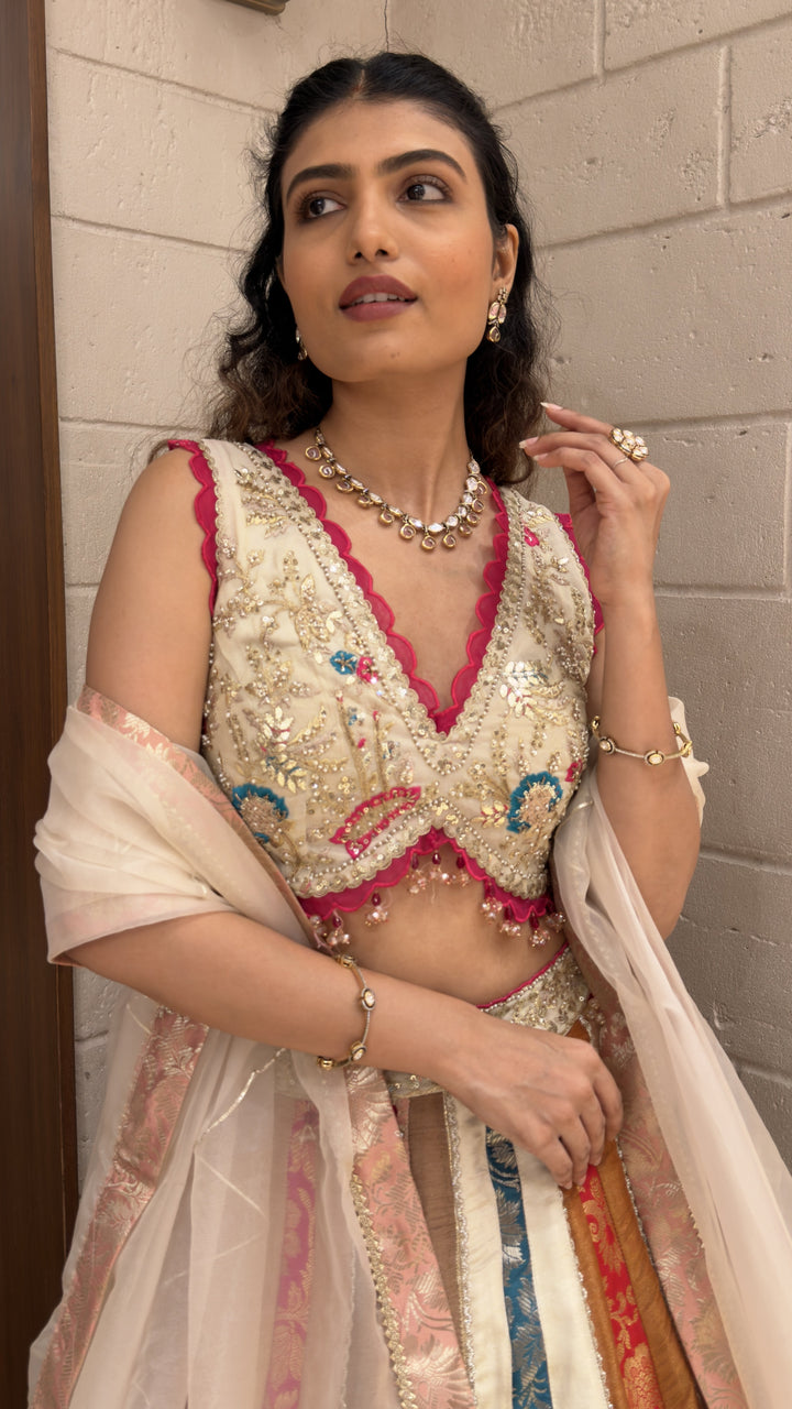 Multicolor Banarasi Patchwork Designer Lehenga Choli with Organza Dupatta