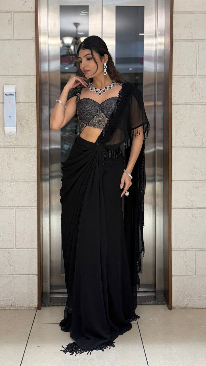 Midnight Black Pre-Draped Saree with Metallic Embellished Bustier Blouse