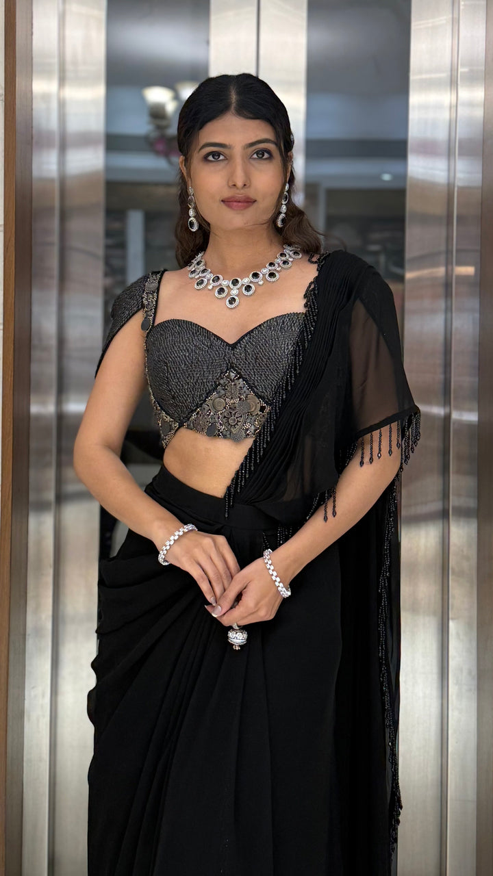 Midnight Black Pre-Draped Saree with Metallic Embellished Bustier Blouse