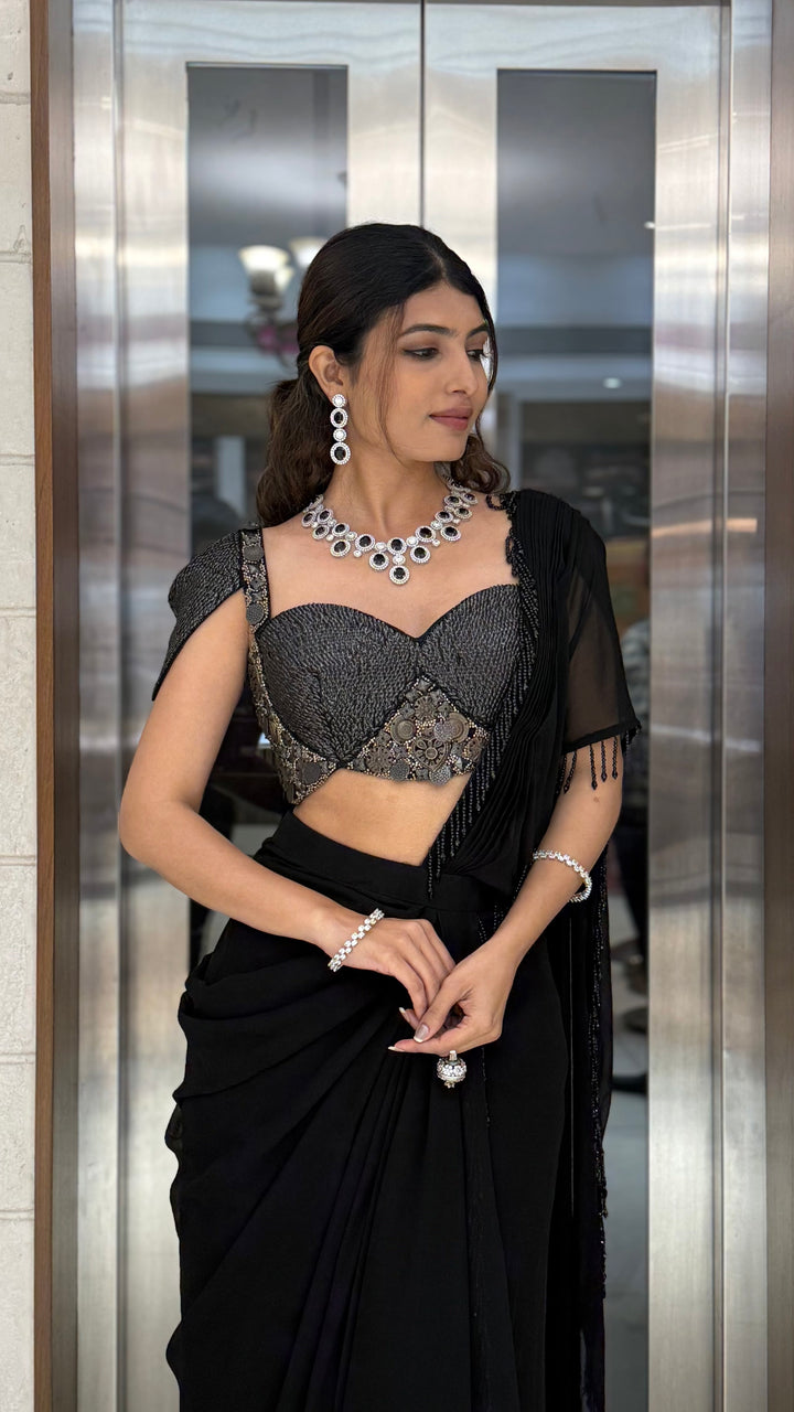 Midnight Black Pre-Draped Saree with Metallic Embellished Bustier Blouse