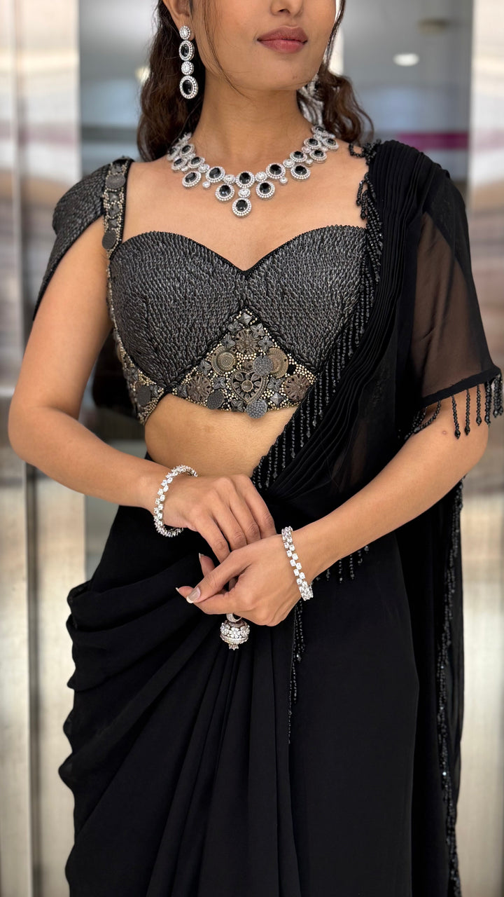 Midnight Black Pre-Draped Saree with Metallic Embellished Bustier Blouse