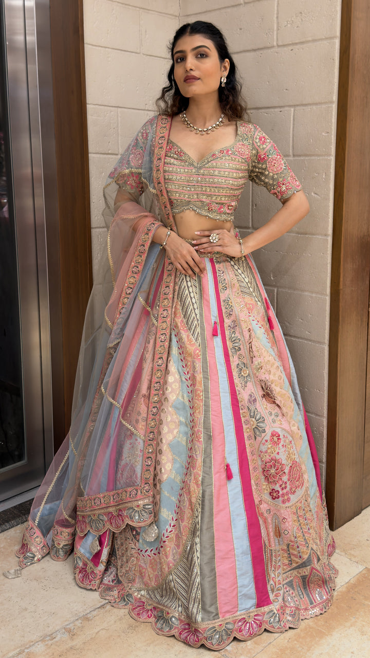 Pastel Pink & Sky Blue Embroidered Designer Lehenga Choli with Net Dupatta