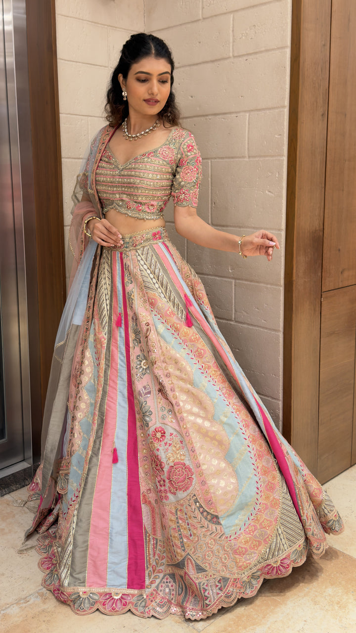Pastel Pink & Sky Blue Embroidered Designer Lehenga Choli with Net Dupatta