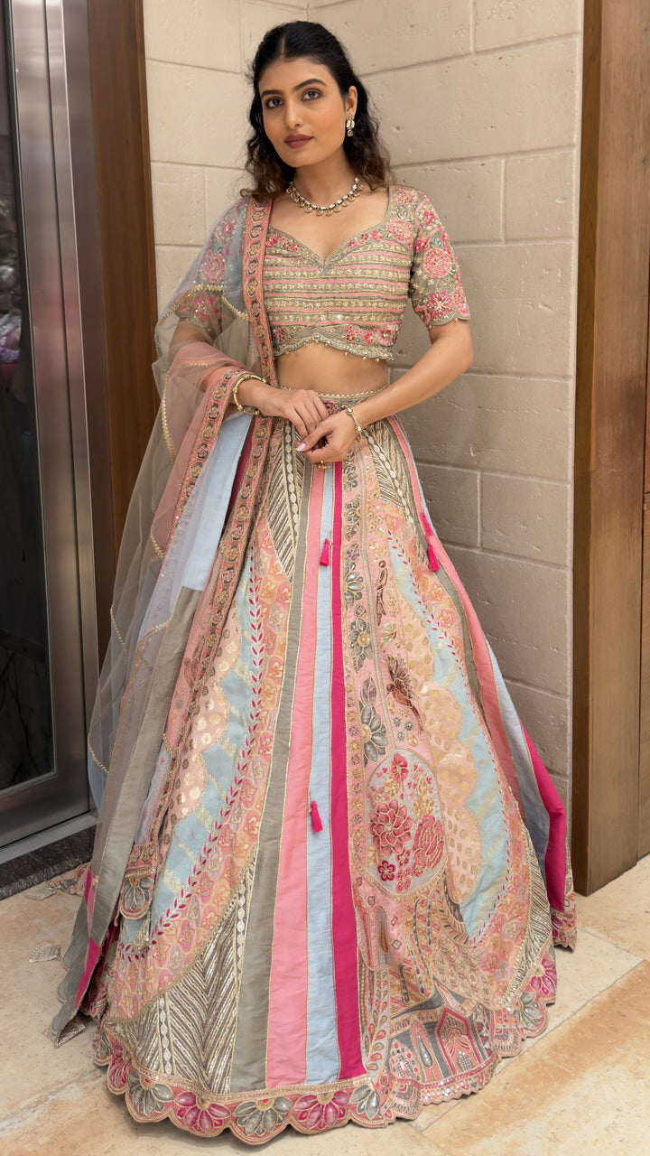 Pastel Pink & Sky Blue Embroidered Designer Lehenga Choli with Net Dupatta