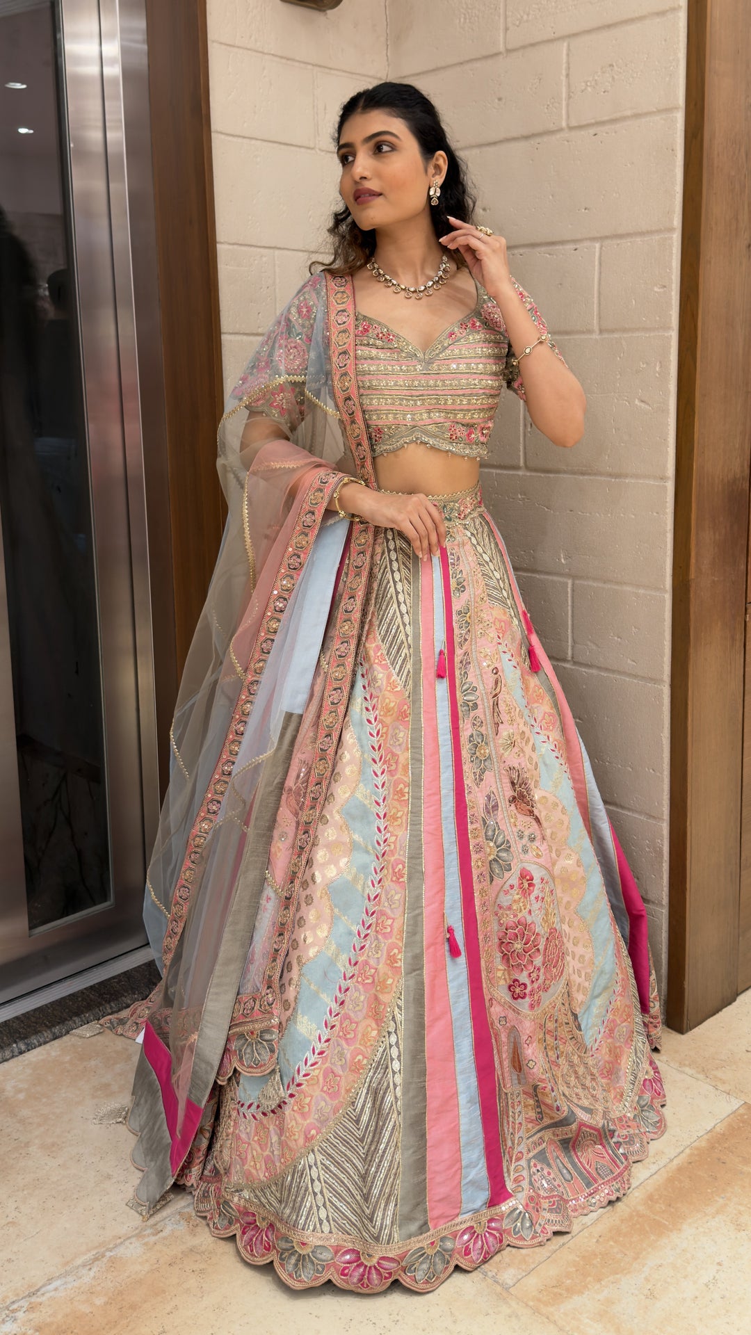 Pastel Pink & Sky Blue Embroidered Designer Lehenga Choli with Net Dupatta