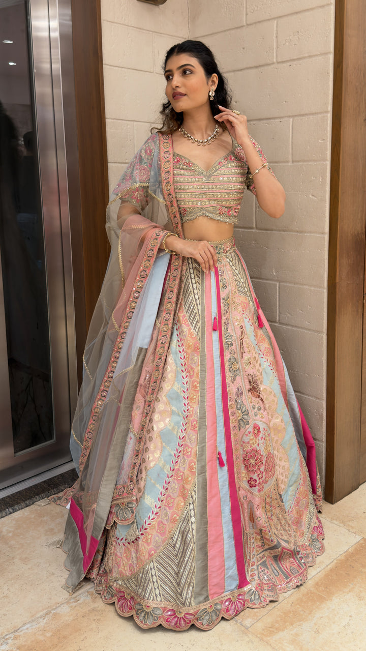 Pastel Pink & Sky Blue Embroidered Designer Lehenga Choli with Net Dupatta