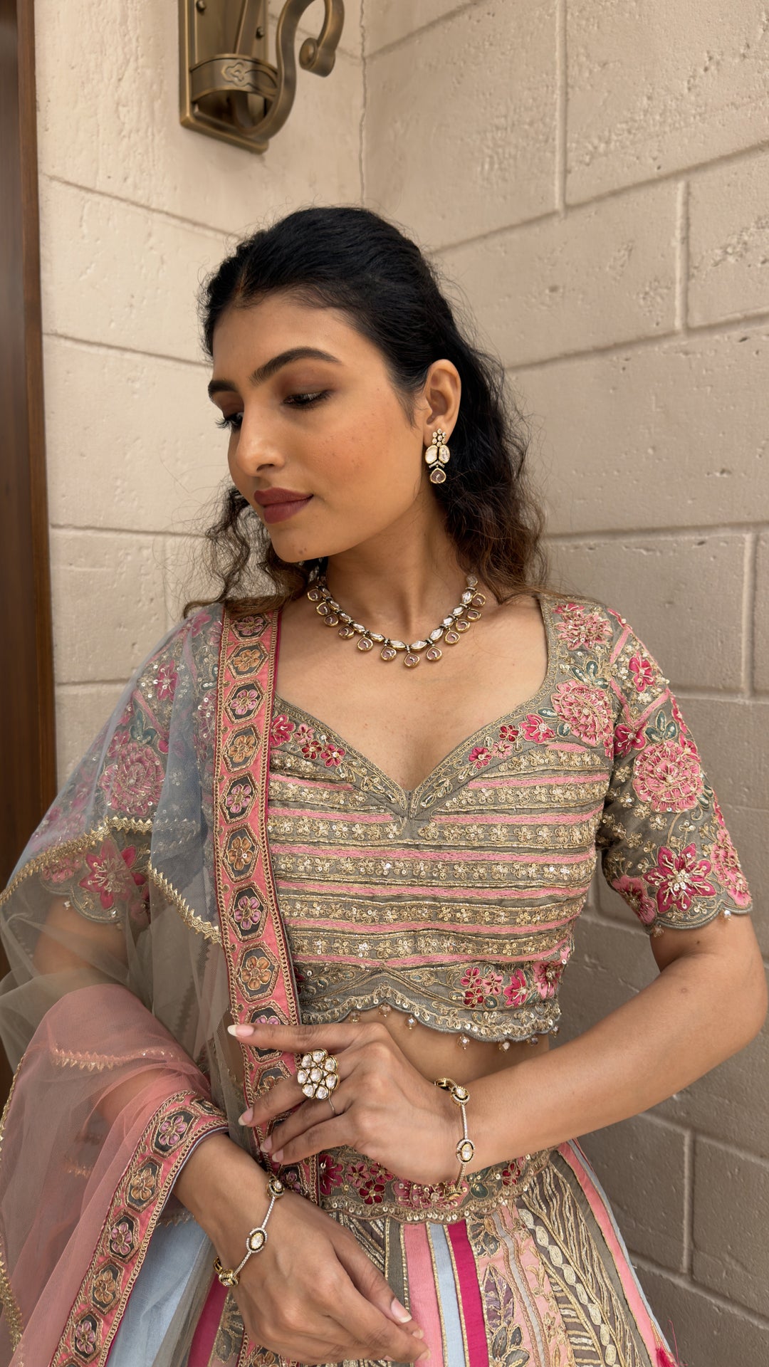 Pastel Pink & Sky Blue Embroidered Designer Lehenga Choli with Net Dupatta