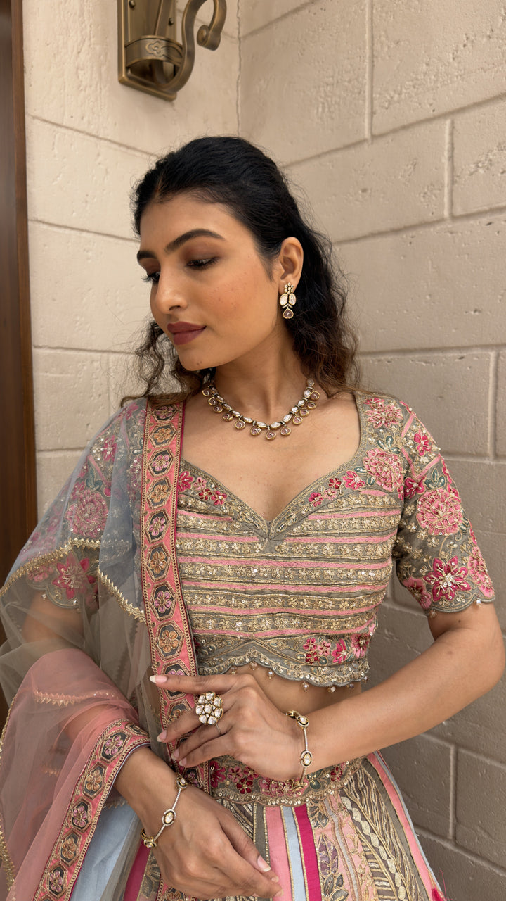 Pastel Pink & Sky Blue Embroidered Designer Lehenga Choli with Net Dupatta