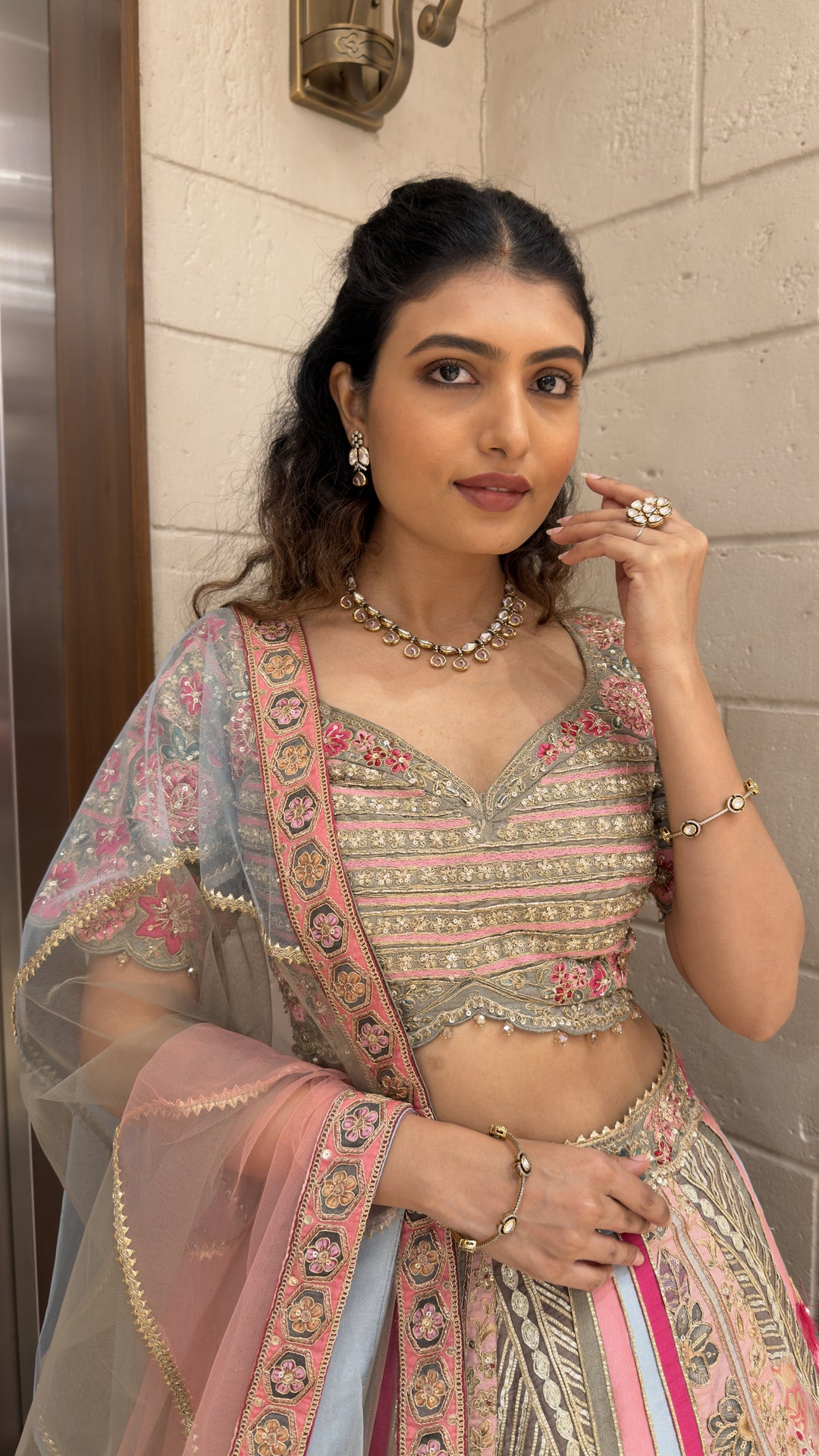 Pastel Pink & Sky Blue Embroidered Designer Lehenga Choli with Net Dupatta