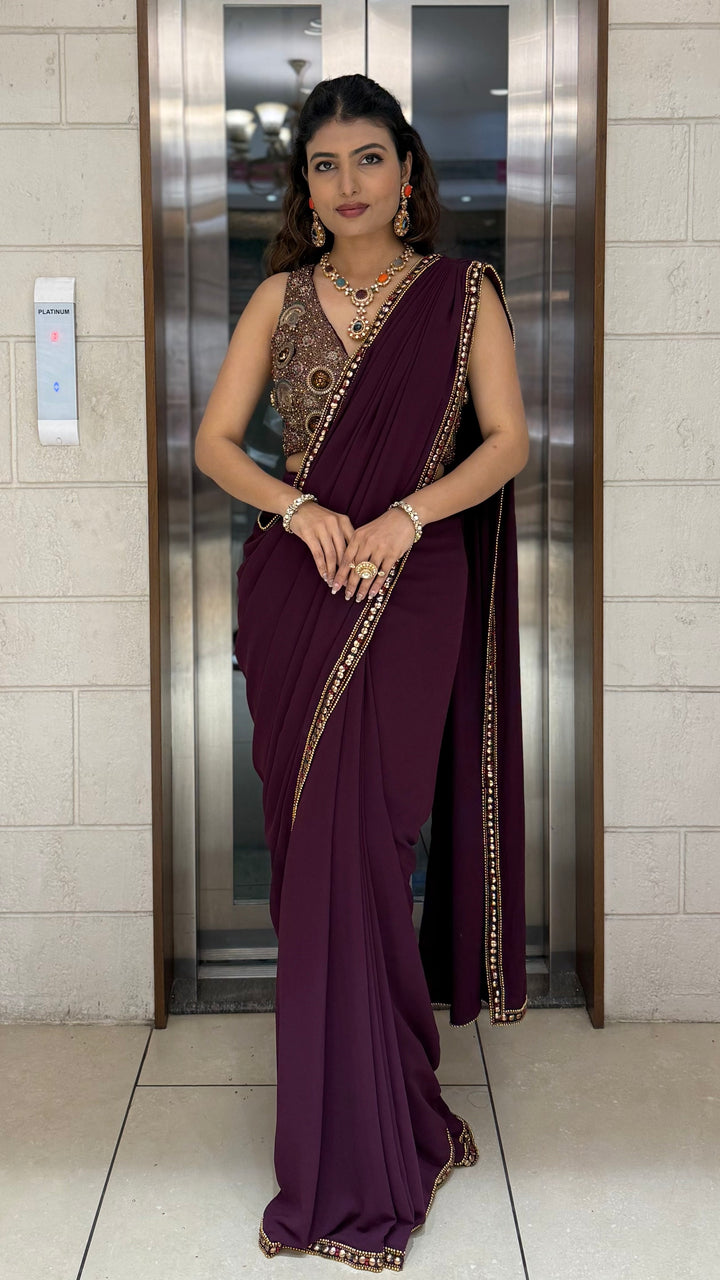Wine Plum Pre-Draped Saree with Hand-Embellished Statement Blouse