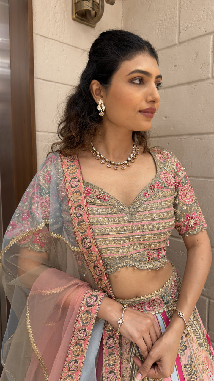 Pastel Pink & Sky Blue Embroidered Designer Lehenga Choli with Net Dupatta