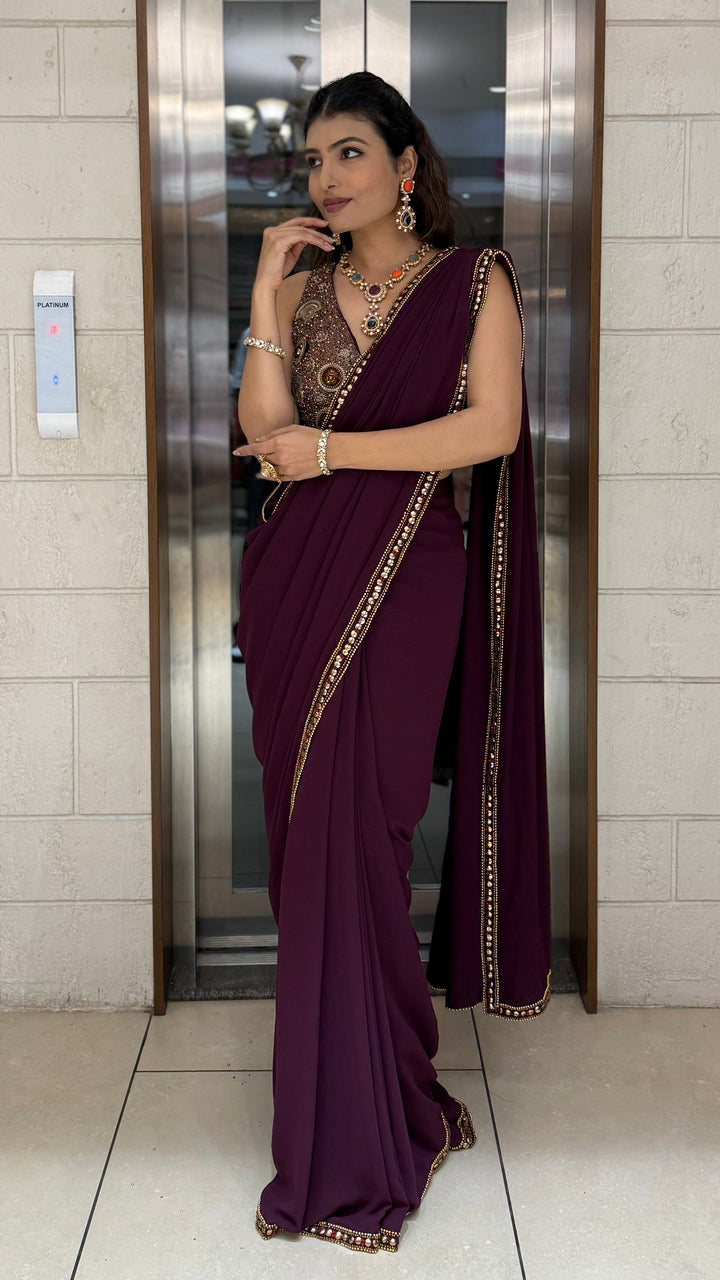 Wine Plum Pre-Draped Saree with Hand-Embellished Statement Blouse