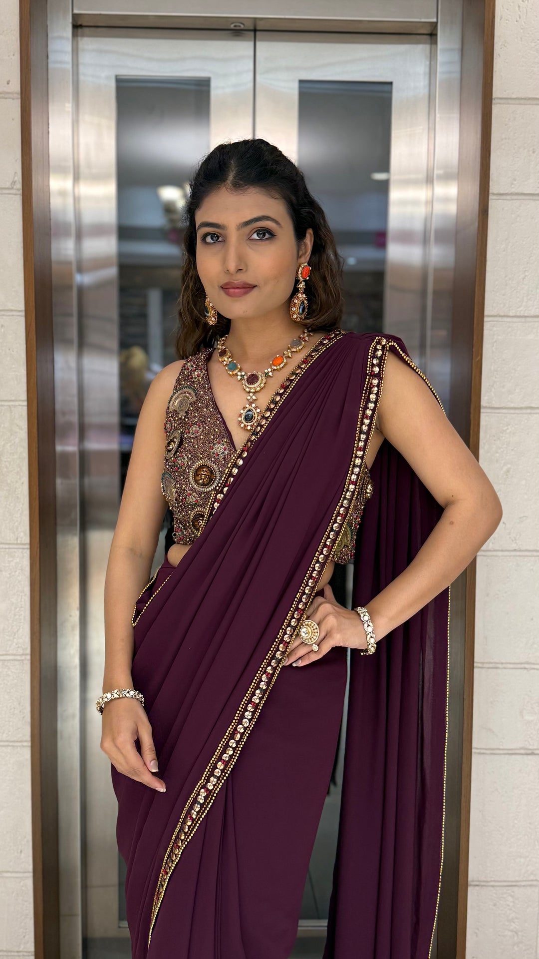 Wine Plum Pre-Draped Saree with Hand-Embellished Statement Blouse