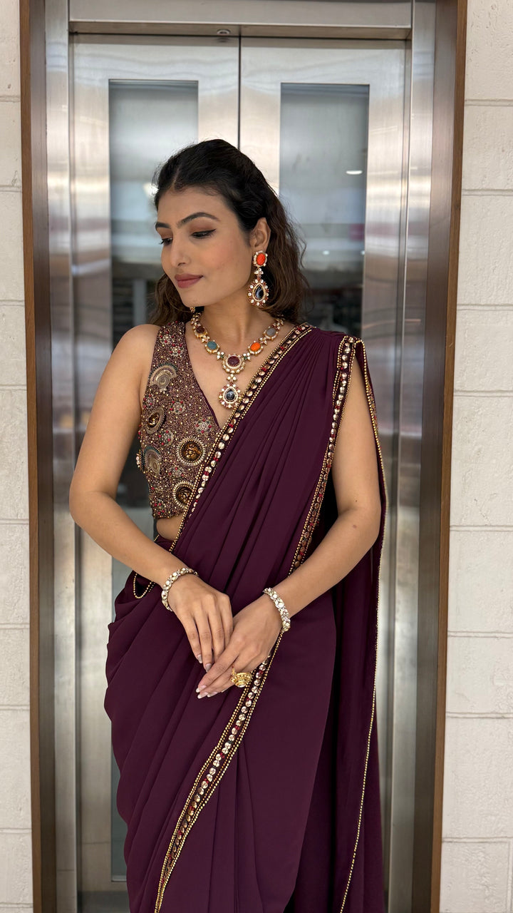 Wine Plum Pre-Draped Saree with Hand-Embellished Statement Blouse