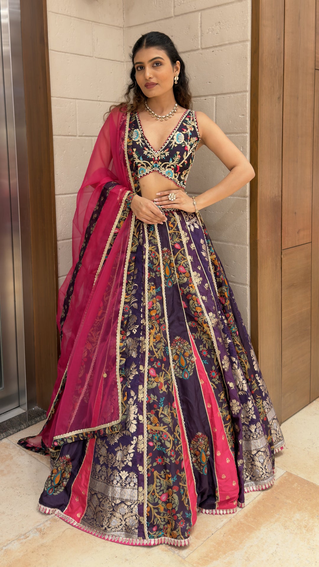 Royal Purple Floral Embroidered Designer Lehenga Choli with Pink Net Dupatta