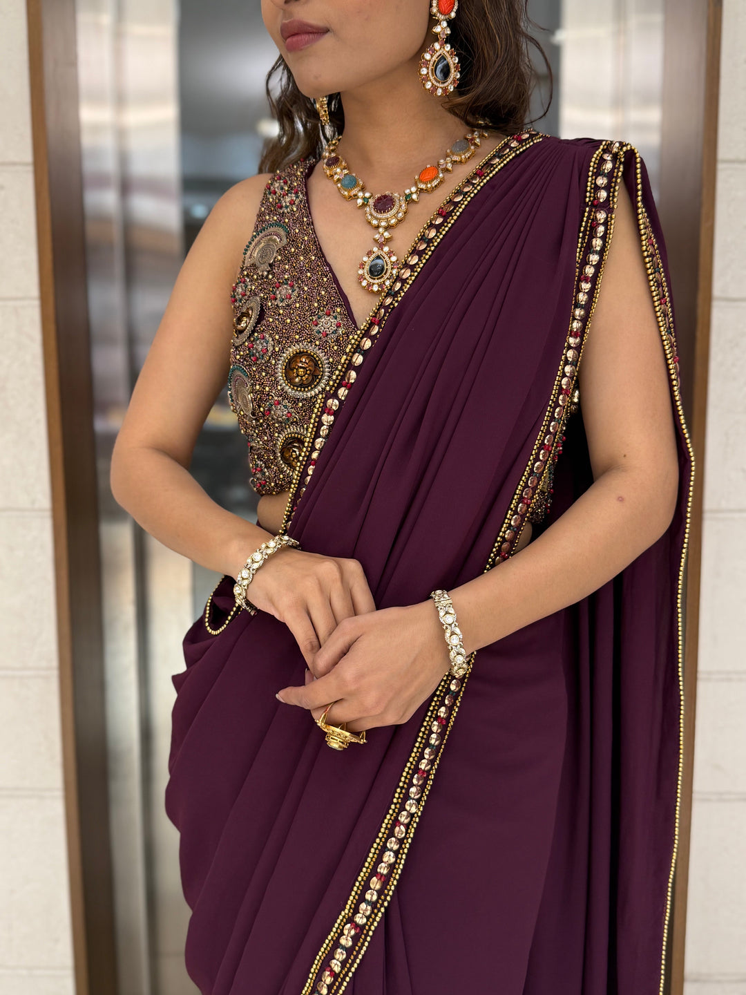 Wine Plum Pre-Draped Saree with Hand-Embellished Statement Blouse
