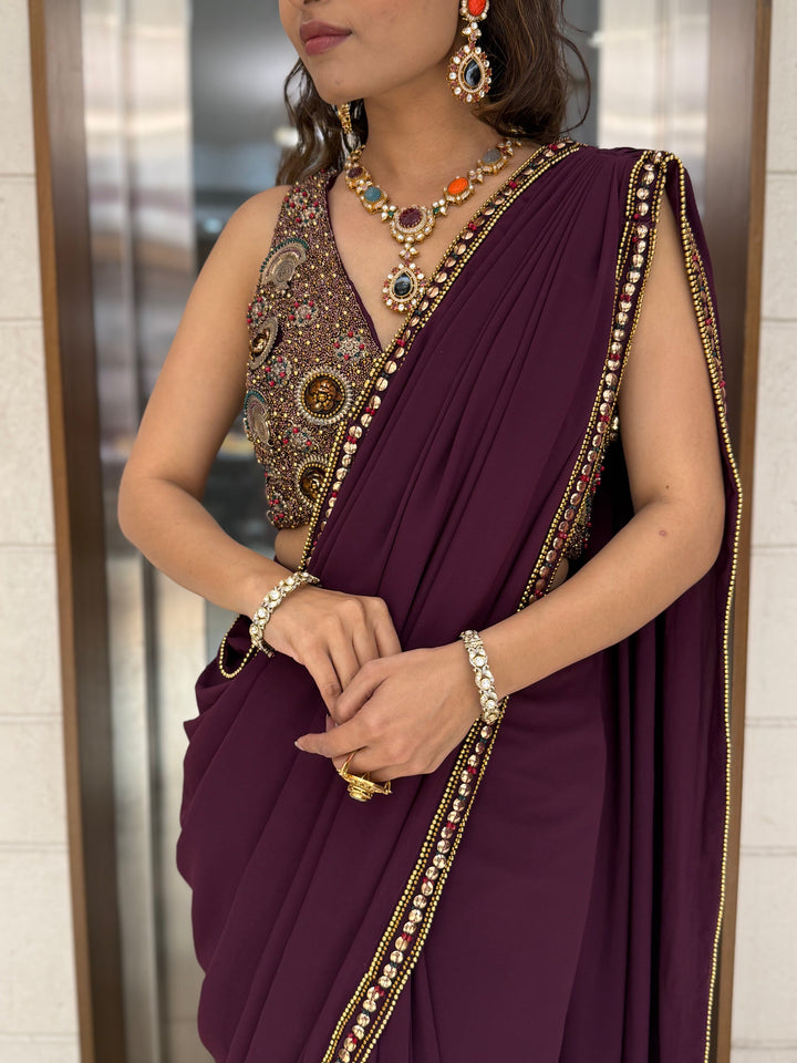 Wine Plum Pre-Draped Saree with Hand-Embellished Statement Blouse