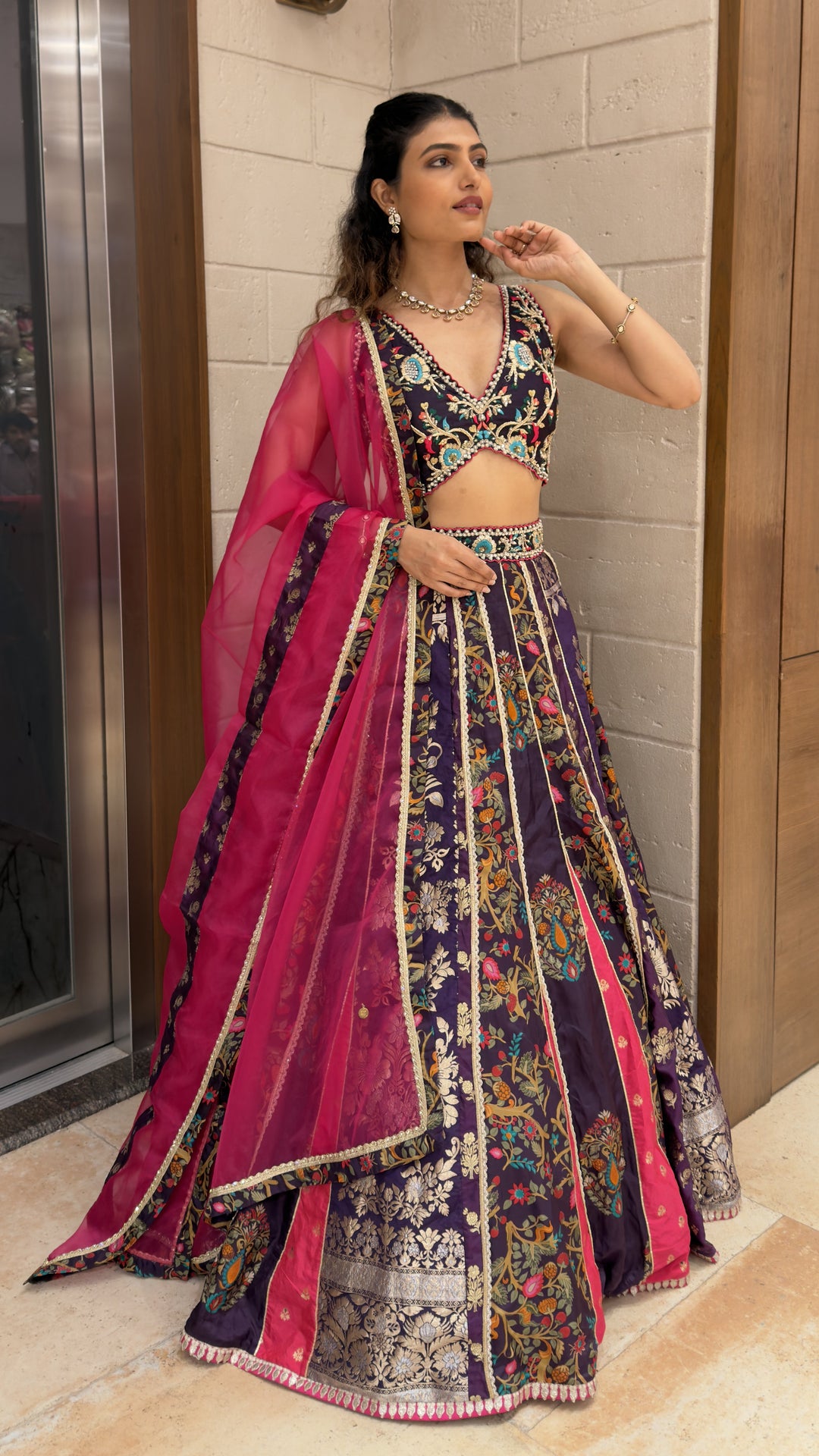 Royal Purple Floral Embroidered Designer Lehenga Choli with Pink Net Dupatta