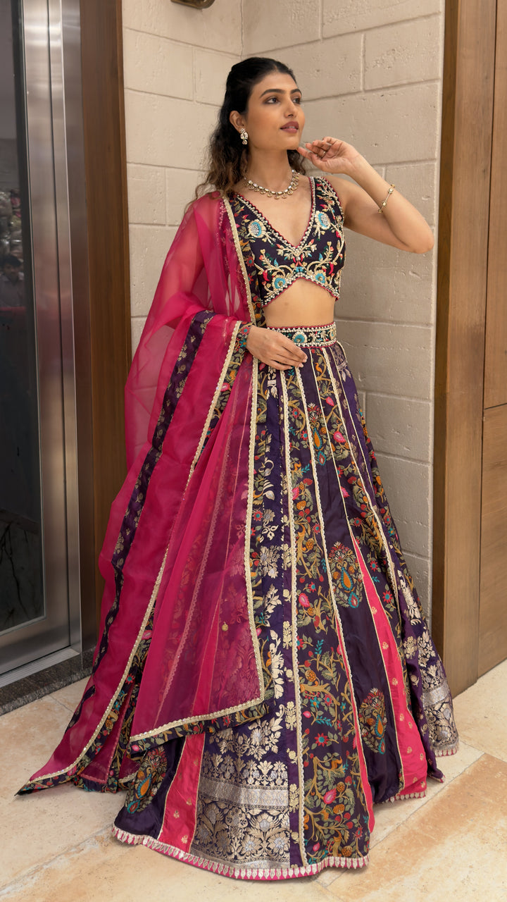 Royal Purple Floral Embroidered Designer Lehenga Choli with Pink Net Dupatta