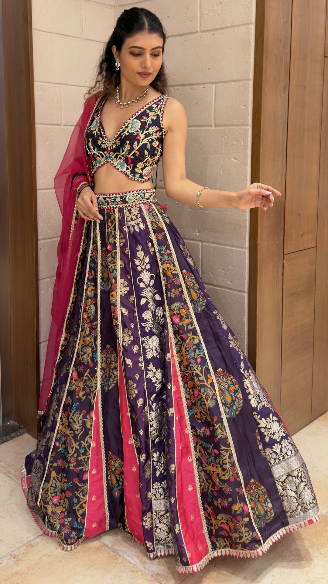 Royal Purple Floral Embroidered Designer Lehenga Choli with Pink Net Dupatta