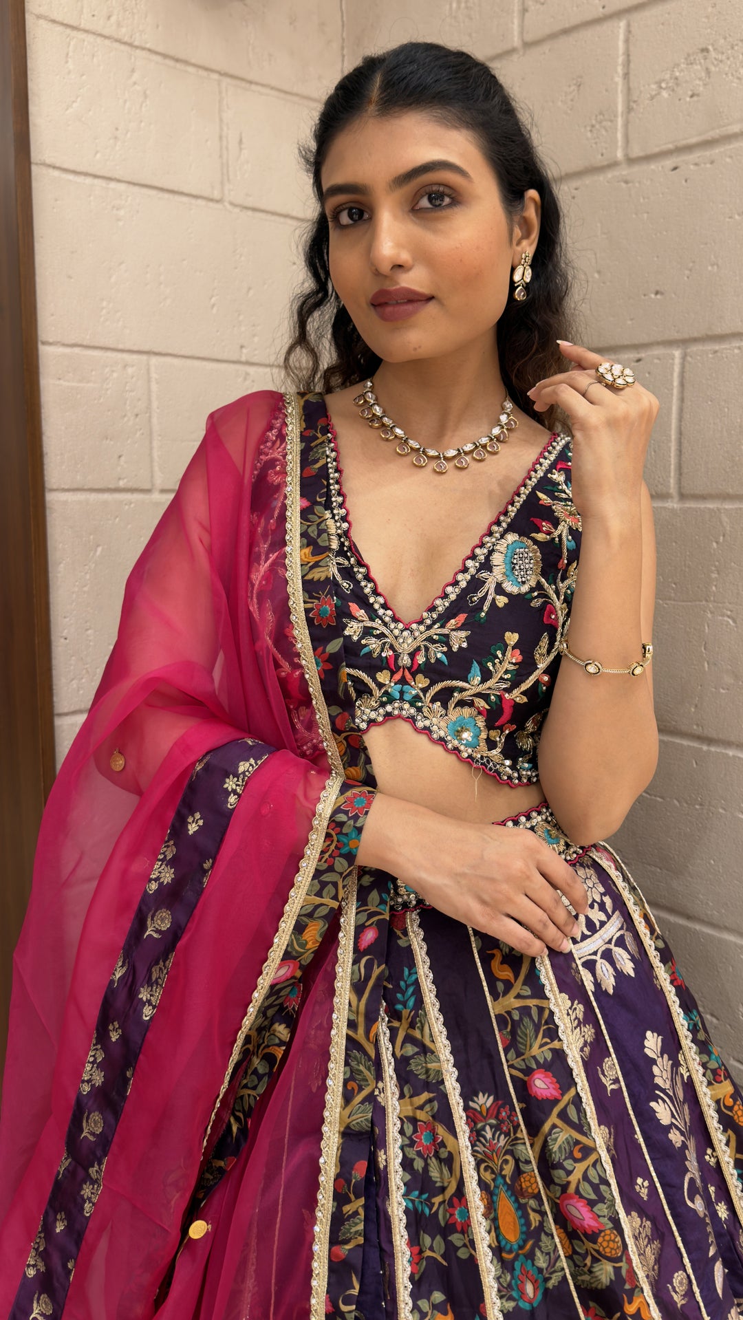 Royal Purple Floral Embroidered Designer Lehenga Choli with Pink Net Dupatta