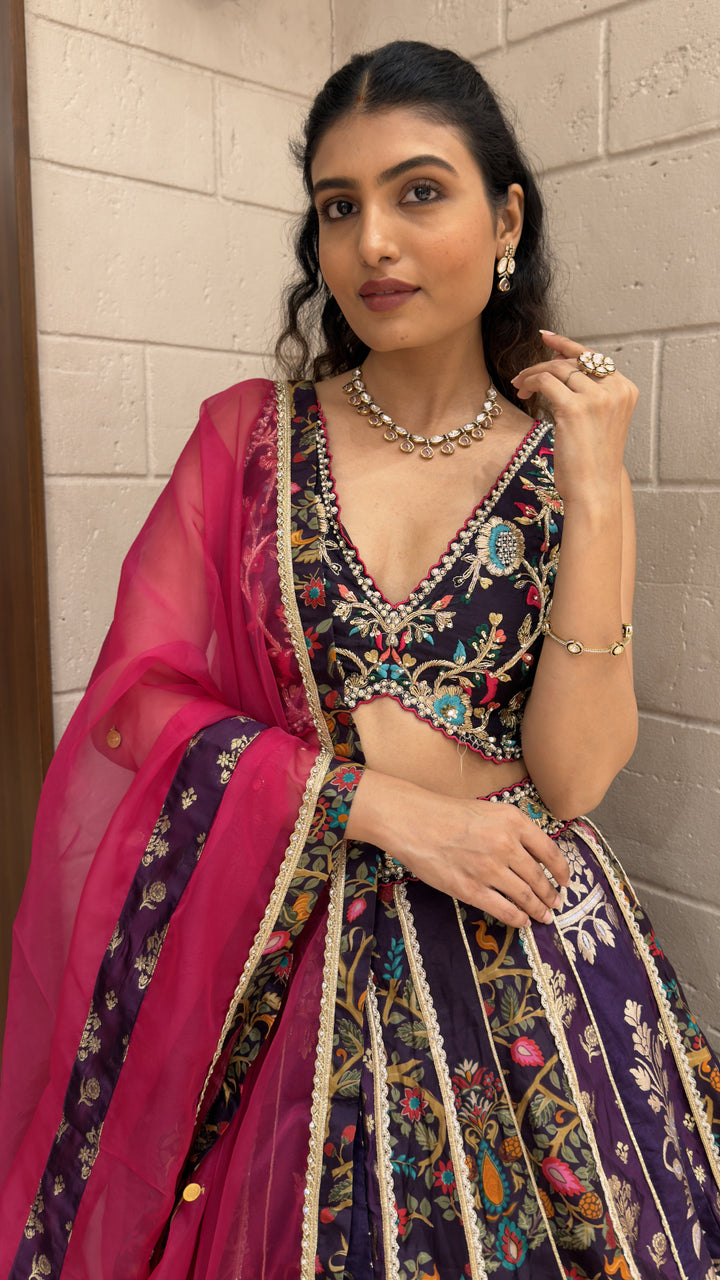 Royal Purple Floral Embroidered Designer Lehenga Choli with Pink Net Dupatta