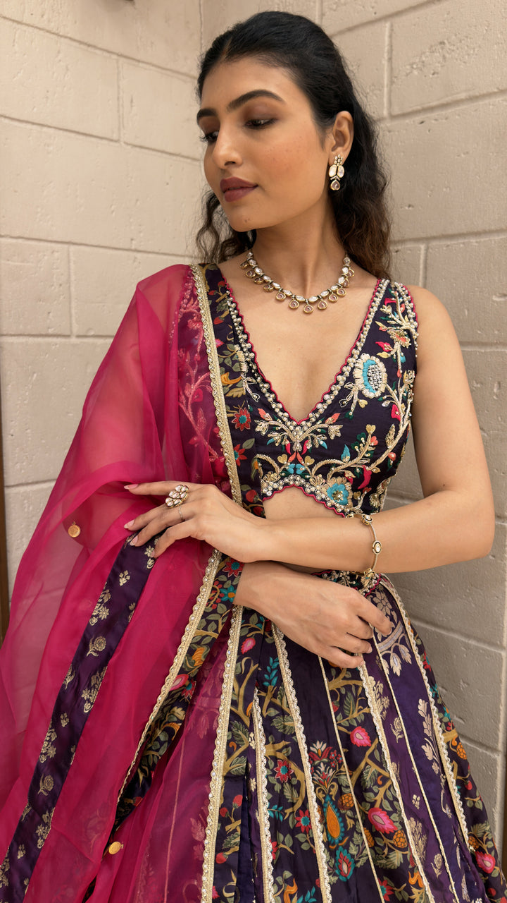 Royal Purple Floral Embroidered Designer Lehenga Choli with Pink Net Dupatta