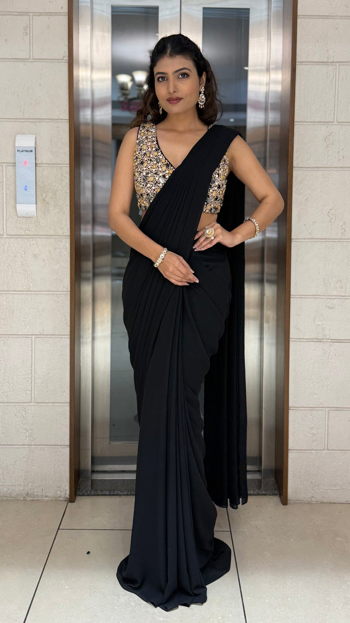 Classic Black Pre-Draped Saree with Gold Sequin Embellished Blouse
