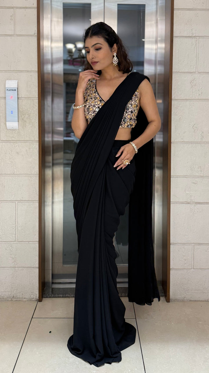 Classic Black Pre-Draped Saree with Gold Sequin Embellished Blouse
